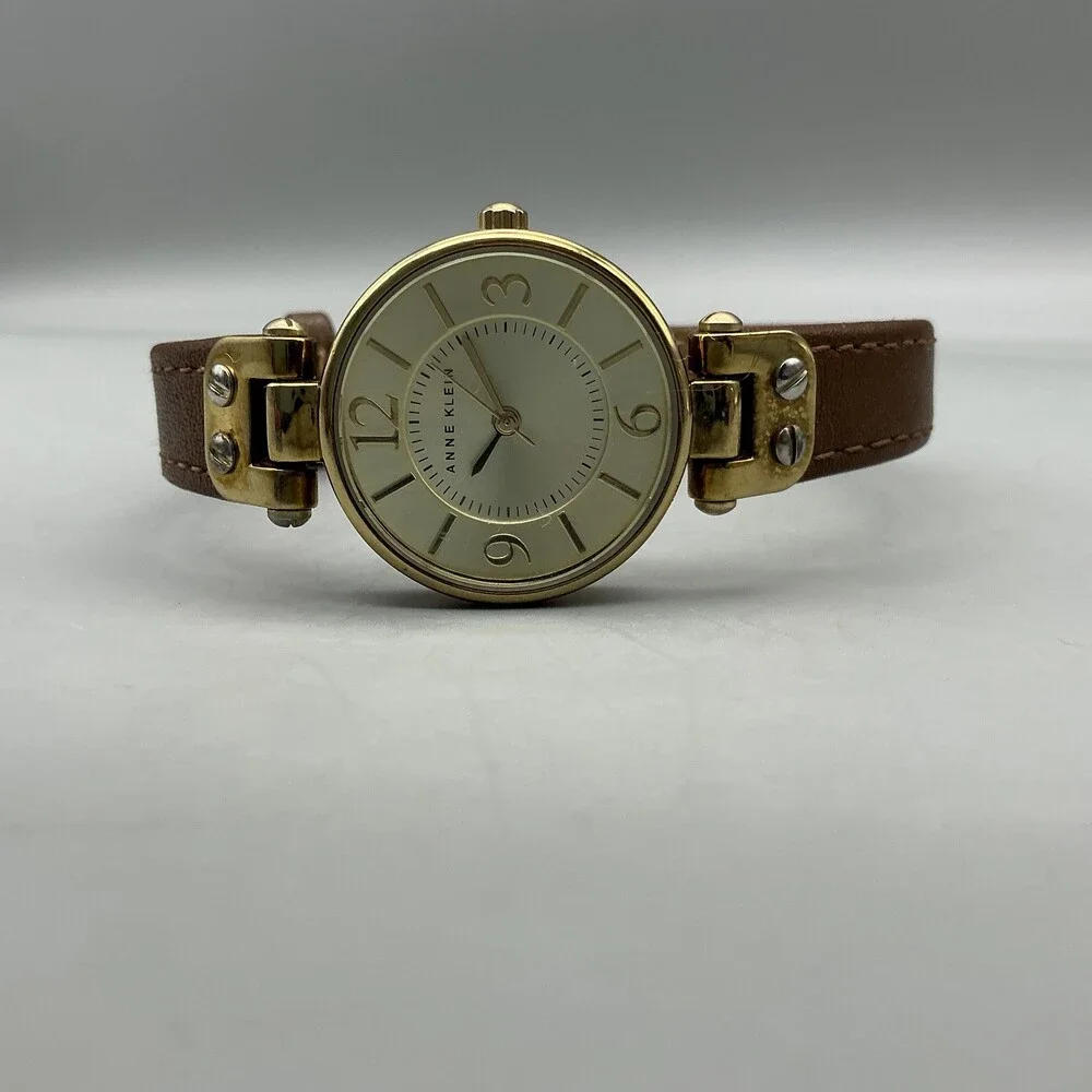 Anne Klein Womens Watch 26mm Gold Tone Brown Leather Band New Battery